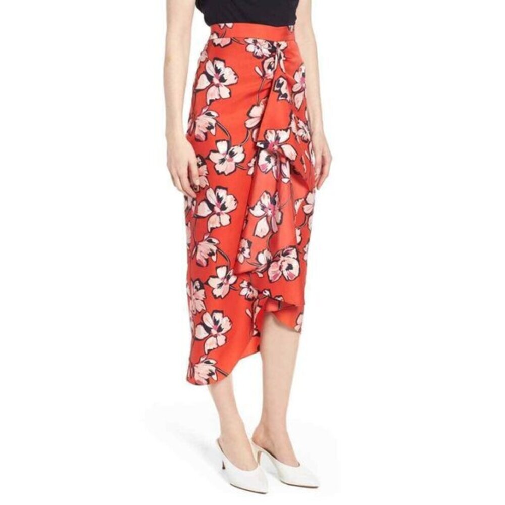 Lewit Skirt Faux Wrap 100% Silk Red Floral Midi Ruffle Skirt Sz 16 New $299